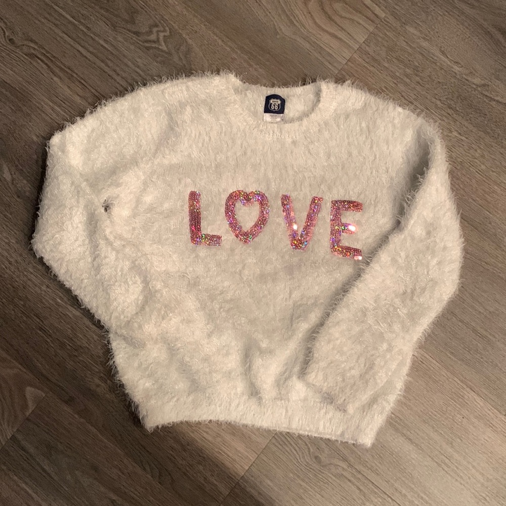 Girls white fuzzy LOVE sweater.